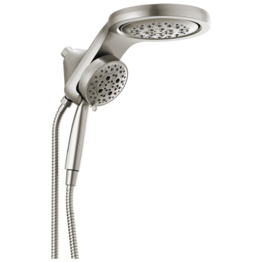 Click here to see Delta 58680-SS25 Delta HydroRain 5-Setting Two-In-One 2.5 GPM Shower Head with  Handshower, H2Okinetic Technology, MagnaTite Docking,Stainless - 58680-SS25