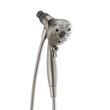 Click here to see Delta 75507SN Delta Five-Setting SureDock H2Okinetic Hand Shower with 72in Stainless Steel Hose, 1.75 GPM, Round, SpotShield Satin Nickel - 75507SN 