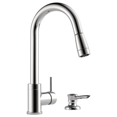 Click here to see Delta P188104LF-SDNB Peerless Chrome Integrated One-Handle Pulldown Kitchen Faucet With Soap Dispenser, ADA, 1.5 GPM - P188104LF-SDNB