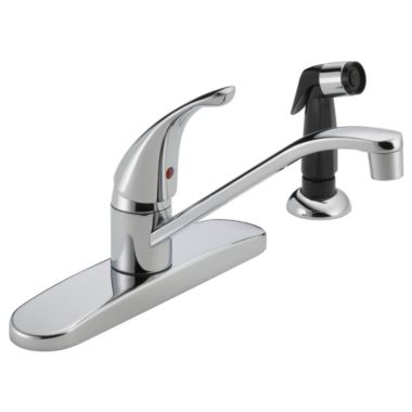 Click here to see Peerless P115LF-1.0 Peerless Chrome Single Handle Kitchen Faucet with Black Side Spray, ADA, 1.0 GPM - P115LF-1.0