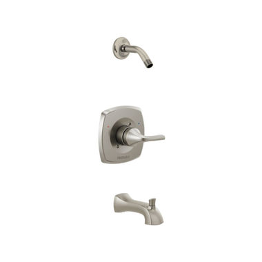 Click here to see Peerless PTT14435-BNLHD Peerless Parkwood Square Single-Handle Tub and Shower Faucet with Diverting Tub Spout, Less Shower Head, Brushed Nickel - PTT14435-BNLHD