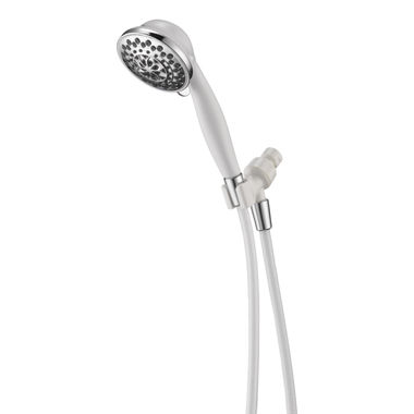 Click here to see Peerless 76504CWC Peerless 1.75 GPM 5-Spray Function Handheld Shower with 60in Flexible Ribbon Hose, Touch Clean Spray Nozzles, WaterSense Certified, Chrome/White - 76504CWC