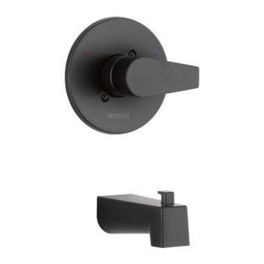 Click here to see Peerless PTT14119-BL Peerless Xander Wall-Mount Tub Faucet Trim, Matte Black, Lever Handle,7in Spout Reach, Single-Function, ADA Compliant - PTT14119-BL