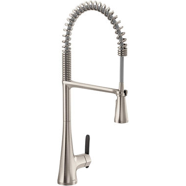 Click here to see Moen S5235SRS Moen Sinema Single Handle Pre-Rinse Spring Pull-Down Kitchen Faucet w/ PowerBoost, Duralock, Spot Resist Stainless - S5235SRS