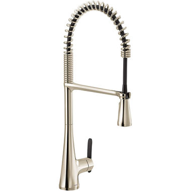Click here to see Moen S5235NL Moen Sinema Single Handle Pre-Rinse Spring Pull-Down Kitchen Faucet w/ PowerBoost, Duralock, Polished Nickel - S5235NL