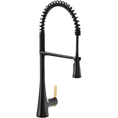 Click here to see Moen S5235BL Moen Sinema Single Handle Pre-Rinse Spring Pull-Down Kitchen Faucet w/ PowerBoost, Duralock, Matte Black - S5235BL