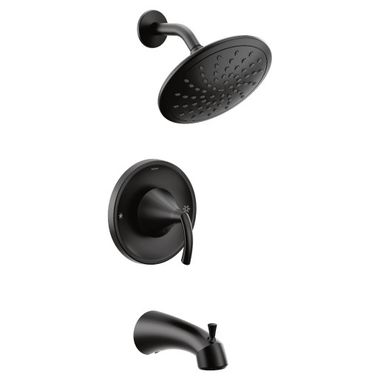 Click here to see Moen T2843EPBL Moen Glyde Posi-Temp Tub/Shower Faucet with 1.75 GPM Rainshower, 1-Function, Single Lever Handle, M-PACT, Eco-Performance, Matte Black - T2843EPBL