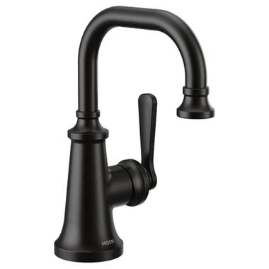 Click here to see Moen S44101BL Moen Colinet Single-Handle Bathroom Faucet with Metal Pop-Up, 1.2 GPM, Lever Handle, Matte Black - S44101BL