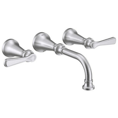 Click here to see Moen TS44104 Moen Colinet Two-Handle Wall-Mount Bathroom Faucet, 1.2 GPM, Lever Handles, WaterSense, Chrome - TS44104