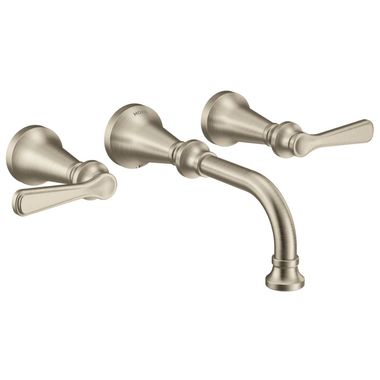 Click here to see Moen TS44104BN Moen Colinet Two-Handle Wall-Mount Bathroom Faucet, 1.2 GPM, Lever Handles, WaterSense, Brushed Nickel - TS44104BN