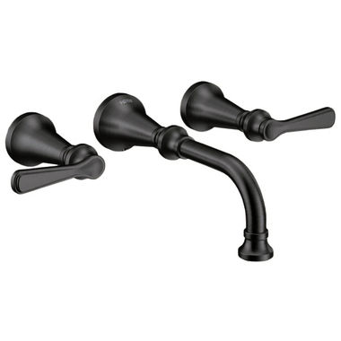 Click here to see Moen TS44104BL Moen Colinet Two-Handle Wall-Mount Bathroom Faucet, 1.2 GPM, Lever Handles, WaterSense, Matte Black - TS44104BL
