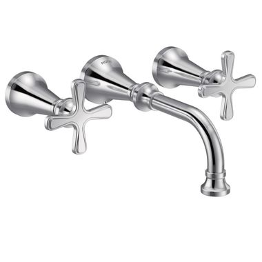 Click here to see Moen TS44105 Moen Colinet Two-Handle Wall-Mount Bathroom Faucet, 1.2 GPM, Cross Handles, WaterSense, Chrome - TS44105