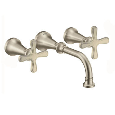 Click here to see Moen TS44105BN Moen Colinet Two-Handle Wall-Mount Bathroom Faucet, 1.2 GPM, Cross Handles, WaterSense, Brushed Nickel - TS44105BN