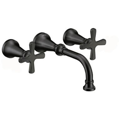 Click here to see Moen TS44105BL Moen Colinet Two-Handle Wall-Mount Bathroom Faucet, 1.2 GPM, Cross Handles, WaterSense, Matte Black - TS44105BL