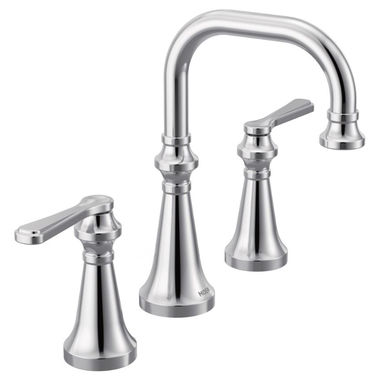 Click here to see Moen TS44503 Moen Colinet Two-Handle Widespread Roman Tub Faucet, 8in High Arc Spout, 12in Center, Lever Handles, Polished Chrome - TS44503