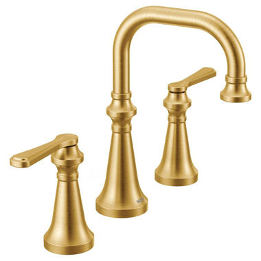 Click here to see Moen TS44503BG Moen Colinet Two-Handle Widespread Roman Tub Faucet, 8in High Arc Spout, 12in Center, Lever Handles, Brushed Gold - TS44503BG