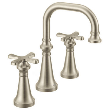 Click here to see Moen TS44505BN Moen Colinet Two-Handle Widespread Roman Tub Faucet, 8in High Arc Spout, 12in Center, Cross Handles, Brushed Nickel - TS44505BN