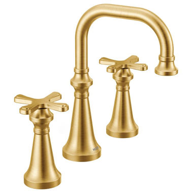 Click here to see Moen TS44505BG Moen Colinet Two-Handle Widespread Roman Tub Faucet, 8in High Arc Spout, 12in Center, Cross Handles, Brushed Gold - TS44505BG