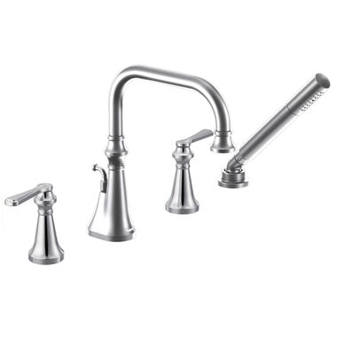 Click here to see Moen TS44504 Moen Colinet Two-Handle Roman Tub Faucet with 1.75 GPM Single-Function Hand Shower, High Arc Spout, Lever Handles, Polished Chrome - TS44504