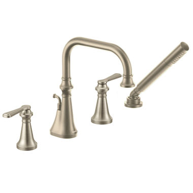 Click here to see Moen TS44504BN Moen Colinet Two-Handle Roman Tub Faucet with 1.75 GPM Single-Function Hand Shower, High Arc Spout, Lever Handles, Brushed Nickel - TS44504BN