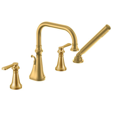 Click here to see Moen TS44504BG Moen Colinet Two-Handle Roman Tub Faucet with 1.75 GPM Single-Function Hand Shower, High Arc Spout, Lever Handles, Brushed Gold - TS44504BG