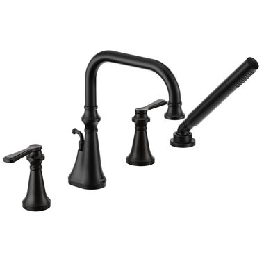 Click here to see Moen TS44504BL Moen Colinet Two-Handle Roman Tub Faucet with 1.75 GPM Single-Function Hand Shower, High Arc Spout, Lever Handles, Matte Black - TS44504BL