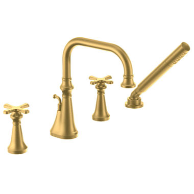 Click here to see Moen TS44506BG Moen Colinet Two-Handle Roman Tub Faucet with 1.75 GPM Single-Function Hand Shower, High Arc Spout, Cross Handles, Brushed Gold - TS44506BG