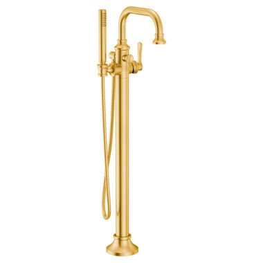 Click here to see Moen S44507BG Moen Colinet Freestanding Tub Filler Trim w/ Single-Function Hand Shower, Brushed Gold - S44507BG
