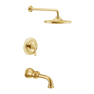 Click here to see Moen UTS344303BG Moen Colinet M-Core 3-Series Tub/Shower Faucet with 2.5 GPM Rainshower, 1-Function, Single Lever Handle, M-PACT, Immersion, Brushed Gold - UTS344303BG