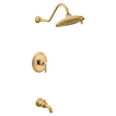 Click here to see Moen UTS33103BG Moen Weymouth M-Core 3-Series Tub/Shower Faucet with 2.5 GPM Rainshower, 2-Function, Single Lever Handle, M-PACT, Immersion, Brushed Gold - UTS33103BG
