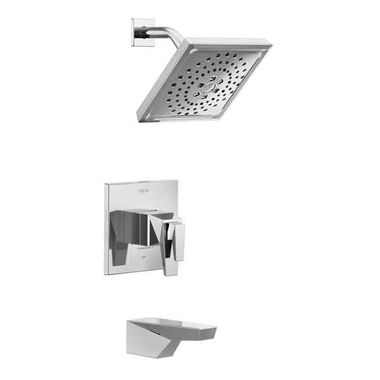 Click here to see Delta T17T443 Delta Trillian TempAssure 17T Series Two-Handle Tub/Shower Faucet with H2Okinetic Rain Showerhead, 1.75 GPM, Lever Handle, Chrome - T17T443