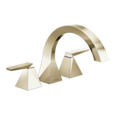 Click here to see Delta T2746-PN Delta Trillian Two-Handle Roman Tub Faucet Trim, C-Spout, Lever Handles, ADA-Compliant, Polished Nickel - T2746-PN