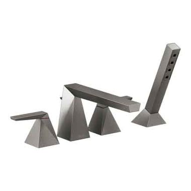 Click here to see Delta T4743-KS Delta Trillian Two-Handle Roman Tub Faucet Trim with 1.75 GPM Single-Setting Hand Shower, H2Okinetic, Angular Spout, Lever Handles, Black Stainless - T4743-KS