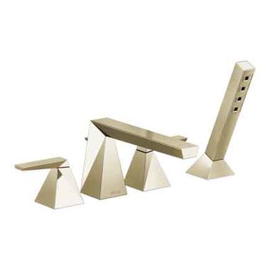 Click here to see Delta T4743-PN Delta Trillian Two-Handle Roman Tub Faucet Trim with 1.75 GPM Single-Setting Hand Shower, H2Okinetic, Angular Spout, Lever Handles, Polished Nickel - T4743-PN