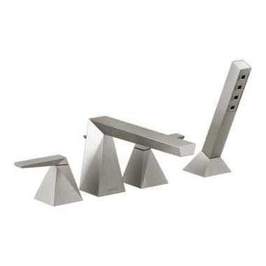 Click here to see Delta T4743-SS Delta Trillian Two-Handle Roman Tub Faucet Trim with 1.75 GPM Single-Setting Hand Shower, H2Okinetic, Angular Spout, Lever Handles, Stainless - T4743-SS