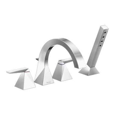 Click here to see Delta T4746 Delta Trillian Two-Handle Roman Tub Faucet Trim with 1.75 GPM Single-Setting Hand Shower, H2Okinetic, High Arc Spout, Lever Handles, Chrome - T4746 