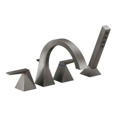 Click here to see Delta T4746-KS Delta Trillian Two-Handle Roman Tub Faucet Trim with 1.75 GPM Single-Setting Hand Shower, H2Okinetic, High Arc Spout, Lever Handles, Black Stainless - T4746-KS 