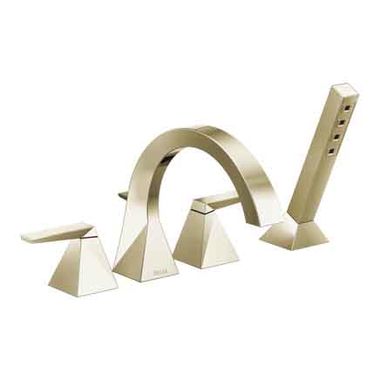 Click here to see Delta T4746-PN Delta Trillian Two-Handle Roman Tub Faucet Trim with 1.75 GPM Single-Setting Hand Shower, H2Okinetic, High Arc Spout, Lever Handles, Polished Nickel - T4746-PN