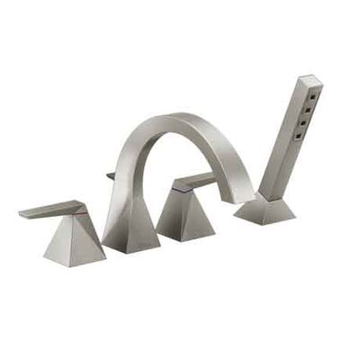 Click here to see Delta T4746-SS Delta Trillian Two-Handle Roman Tub Faucet Trim with 1.75 GPM Single-Setting Hand Shower, H2Okinetic, High Arc Spout, Lever Handles, Stainless - T4746-SS