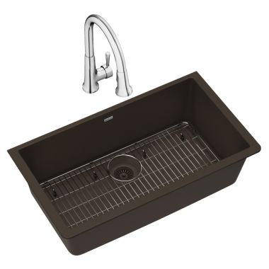 Click here to see Elkay ELGRU13322MC0FC Elkay ELGRU13322MC0FC Quartz Classic Single Bowl Undermount Sink Kit with Faucet, Mocha