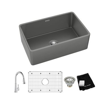 Click here to see Elkay SWUF28179MGFC Elkay SWUF28179MGFC Fireclay Single Bowl Farmhouse Sink Kit with Faucet, 30