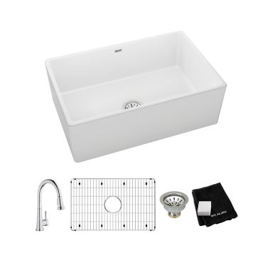 Click here to see Elkay SWUF28179WHFC Elkay SWUF28179WHFC Fireclay Single Bowl Farmhouse Sink Kit with Faucet, 30