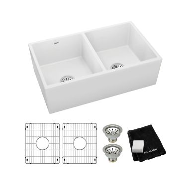 Click here to see Elkay SWUF32189WHC Elkay SWUF32189WHC Fireclay Double Bowl Farmhouse Sink Kit, 33