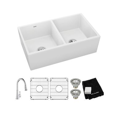 Click here to see Elkay SWUF32189WHFC Elkay SWUF32189WHFC Fireclay Double Bowl Farmhouse Sink Kit with Faucet, 33