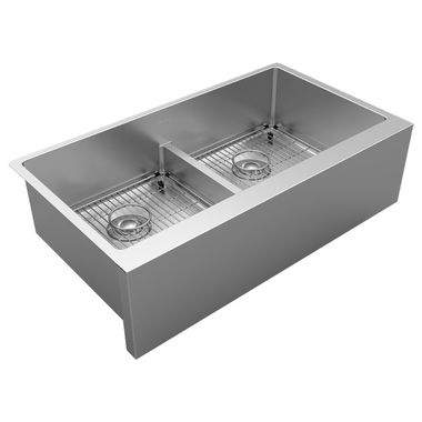 Click here to see Elkay EFRUFFA3417DBG Elkay EFRUFFA3417DBG Crosstown Equal Double Bowl Farmhouse Sink Kit with Aqua Divide, Stainless Steel, 35-7/8