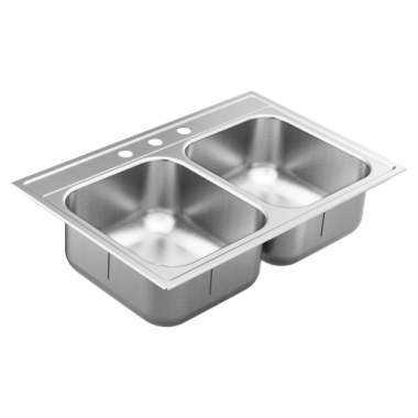 Click here to see Moen GS182133Q Moen GS182133Q 1800 Series Stainless Steel Drop In Double Bowl Kitchen Sink - Brushed