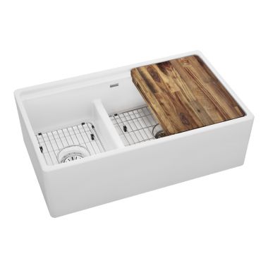 Click here to see Elkay F23320CBWHC Elkay Fireclay 60/40 Double Bowl Farmhouse Workstation Sink Kit w/ Aqua Divide - White, F23320CBWHC