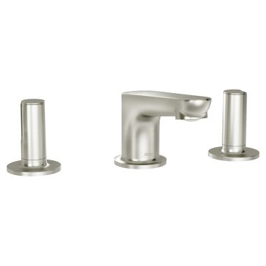 Click here to see American Standard 7105877.295 American Standard Studio S Low Spout Two-Handle Widespread Brushed Nickel Bathroom Faucet with Pop-Up Drain, Lever Handles, 1.2 GPM, Watersense - 7105877.295