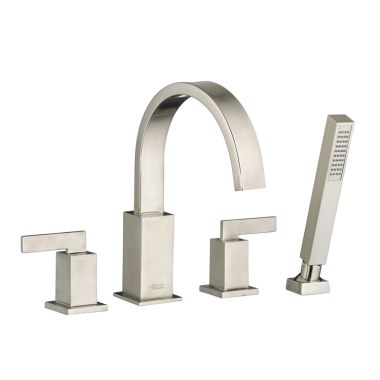 Click here to see American Standard T184901.295 American Standard Times Square Two-Handle Brushed Nickel Roman Tub Faucet Trim with Hand Shower, Metal Lever Handles, ADA Compliant - T184901.295
