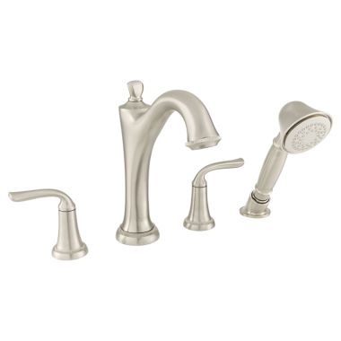 Click here to see American Standard T106901.013 American Standard Patience Two-Handle Polished Nickel Roman Tub Filler with Built-In Diverter with Hand Shower, Metal Lever Handles, ADA Compliant - T106901.013